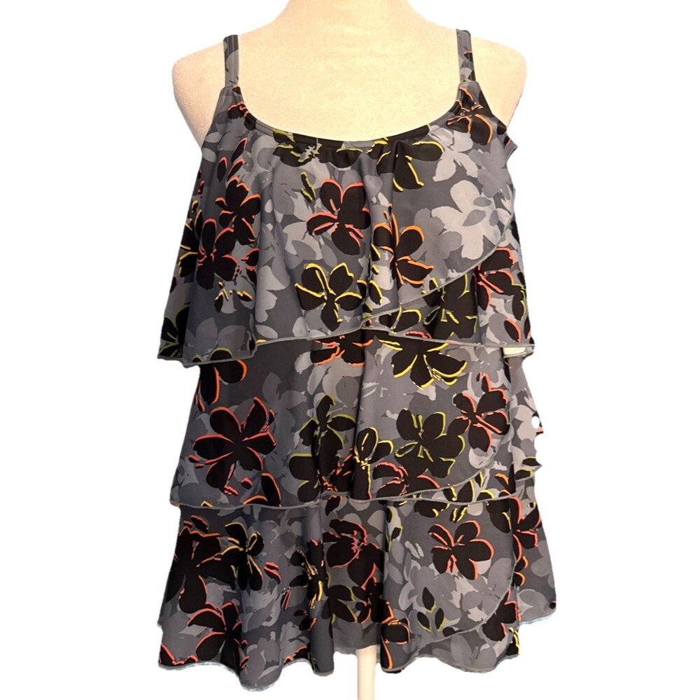 Coldwater Creek Asymmetrical Tiered Tankini Top 14 Grey Vibrant Flora Print Boho